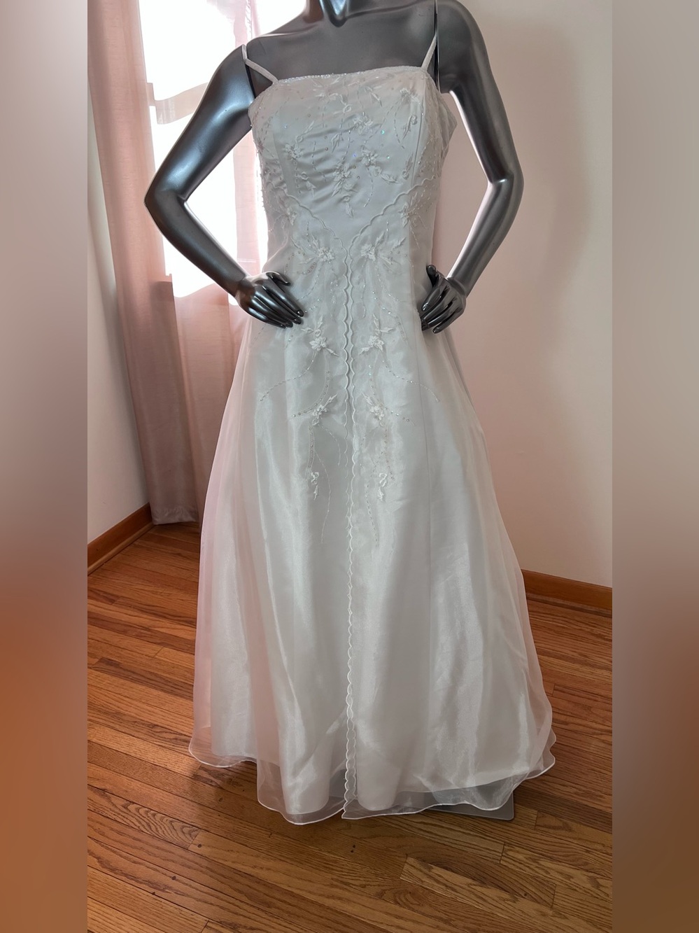 Aspeed White Spaghetti-Strap Embroidered A-Line Bridal Dress